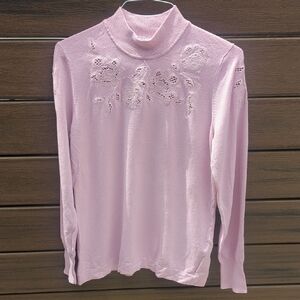 Laura Mock Neck Pink Floral Cut Out Embroidered Sweater - Size L Good Condition